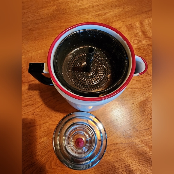 Enamel white and red coffee pot with insert and lid - Picture 3 of 8